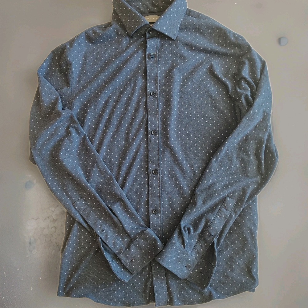 Michael Kors Slim Fit Fine Gauge Knit Blue  Button-Down Shirt, Size Medium‎ A1